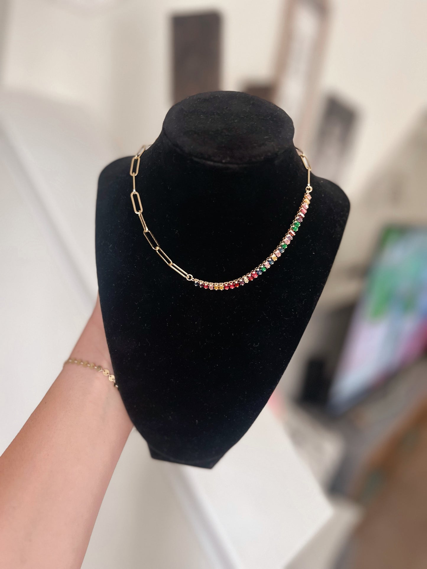 Colorful Crystals 18k Gold Plated Paperclip Necklace