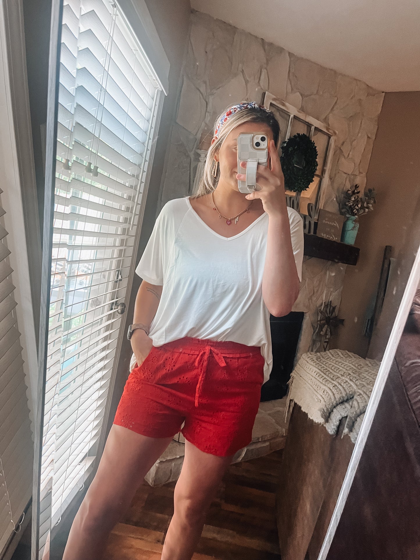 Red Floral Eyelet Relaxed Fit Shorts